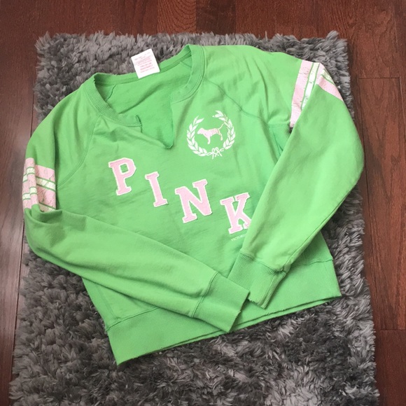 PINK Victoria's Secret Sweaters - PINK | Lime Green & Pink V-neck Sweatshirt 🍃